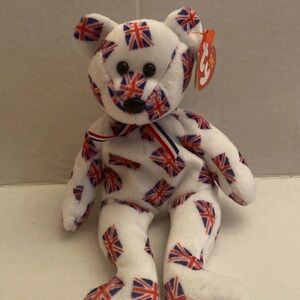 Union Jack Pattern Plush Bear - White with Red & Blue Flags